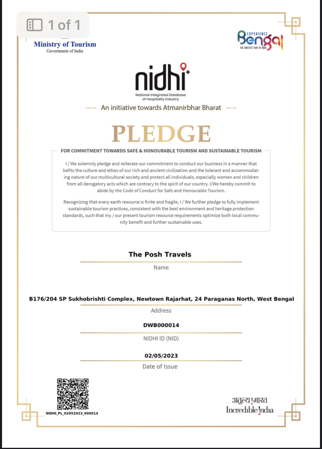 NIDHI+ pledge certificate issued to The Posh Travels by the Ministry of Tourism, Government of India — NIDHI ID DWB000014