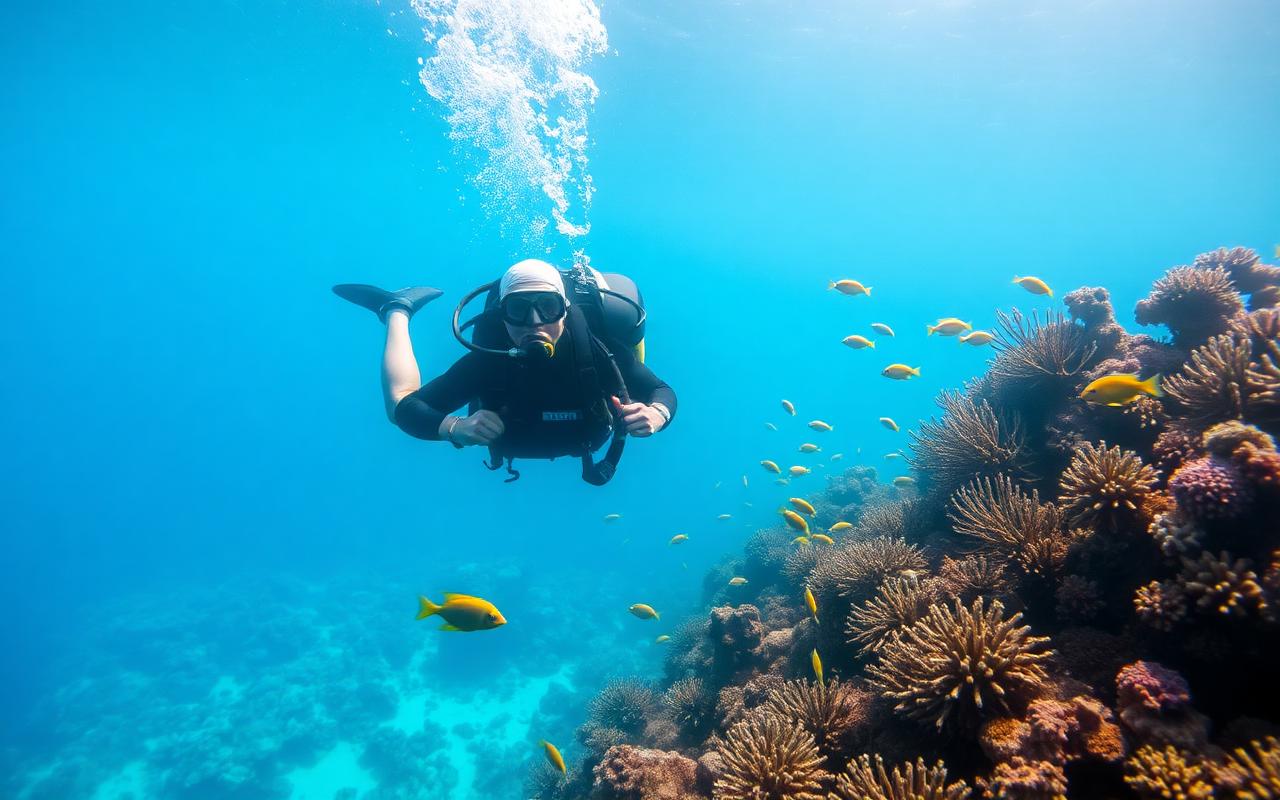 Scuba diver underwater with coral reef and tropical fish in Andaman Islands