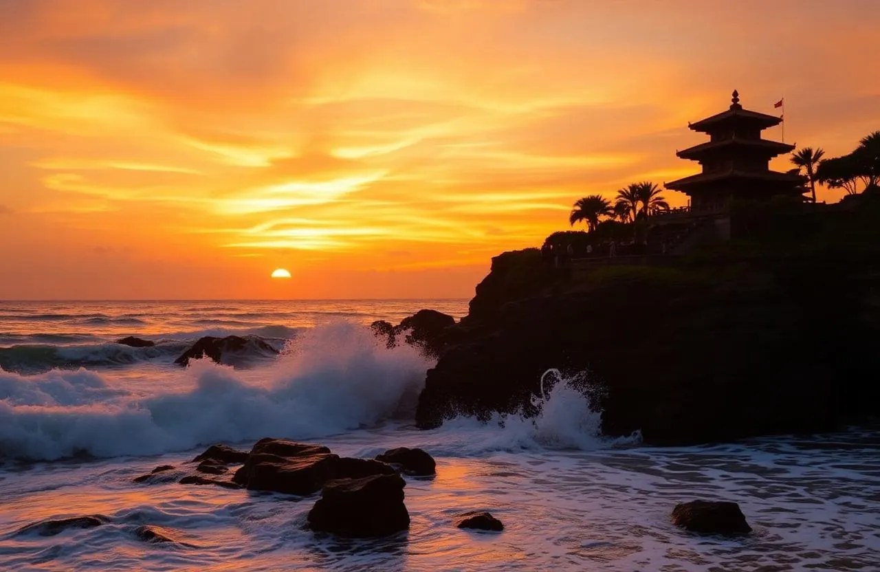 Tanah Lot temple Bali at sunset with crashing waves