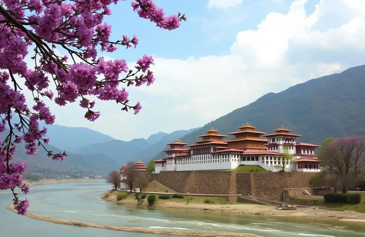 Punakha Dzong Bhutan jacaranda blooms river confluence
