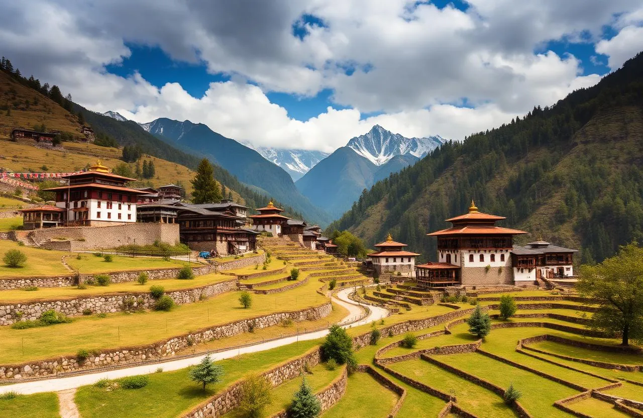 Paro valley Bhutan traditional houses prayer flags Himalayas