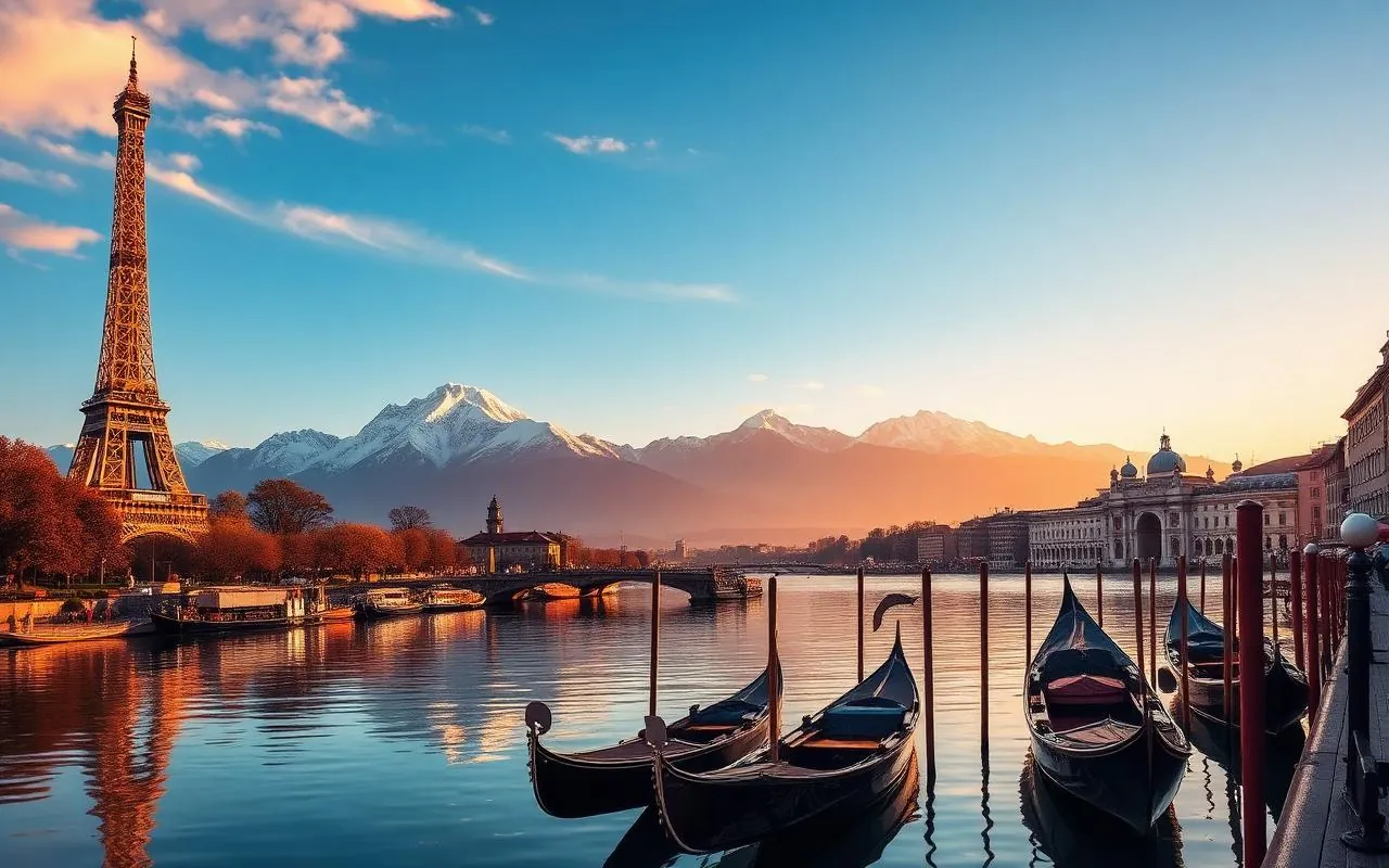 Eiffel Tower, Swiss Alps and Venetian gondolas at golden hour — Europe group tour collage