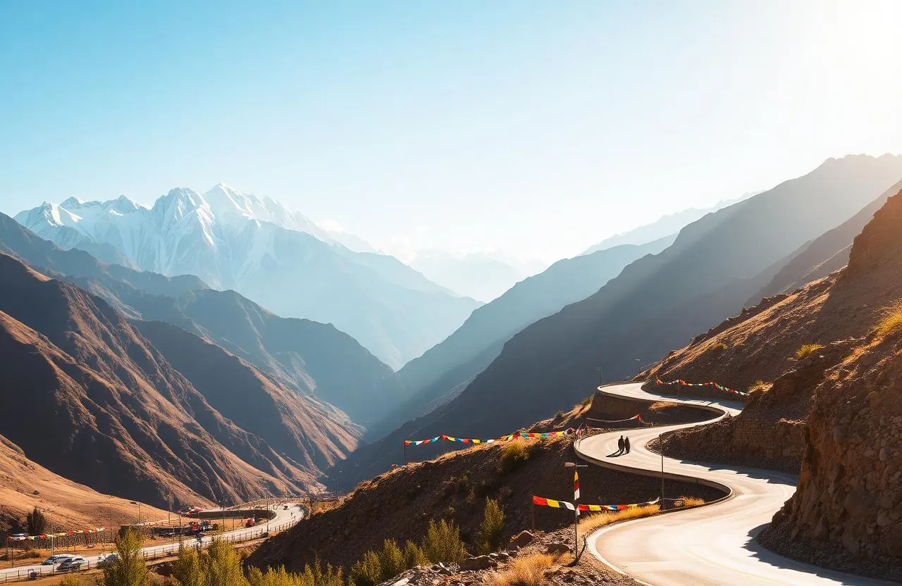 Snow-capped Himalayan peaks and a winding mountain road in Leh Ladakh in June