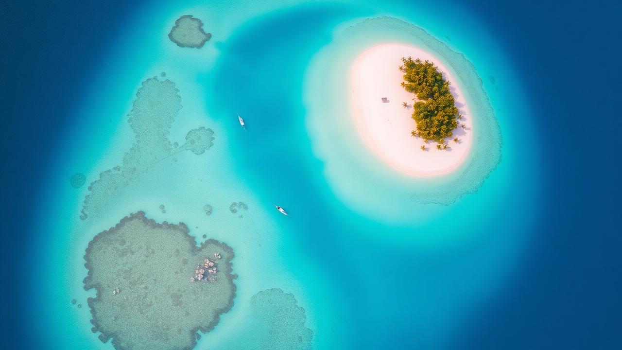 Aerial view of a Lakshadweep atoll with turquoise lagoon and palm-fringed white sand