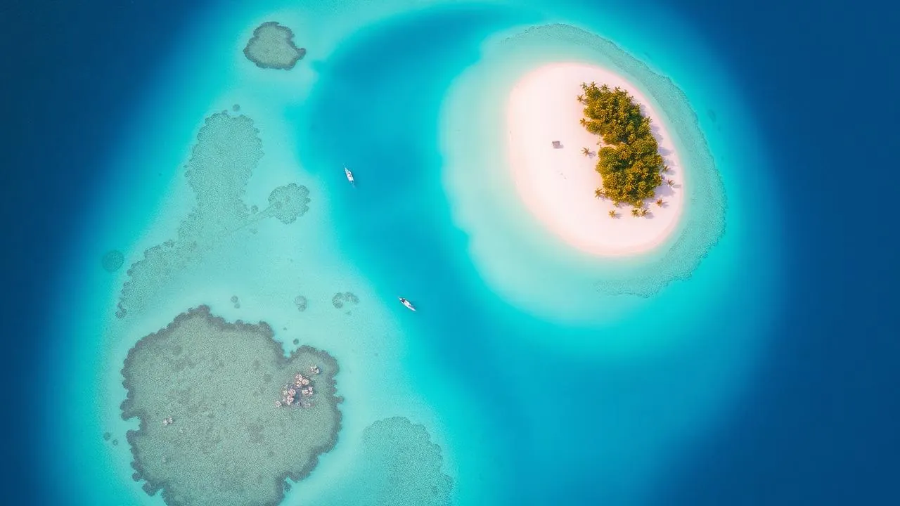Aerial view of a Lakshadweep atoll with turquoise lagoon and palm-fringed white sand