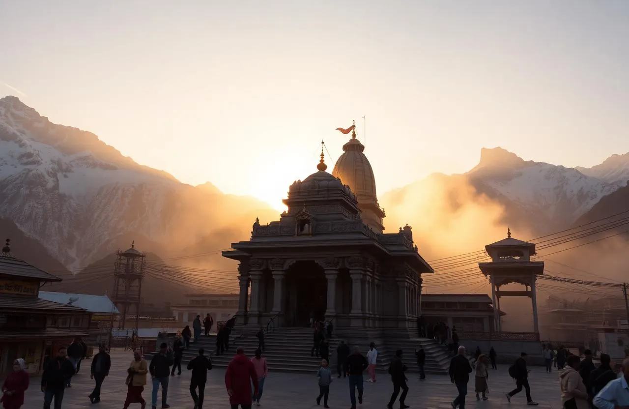 Kedarnath temple at golden sunrise with Himalayan peaks