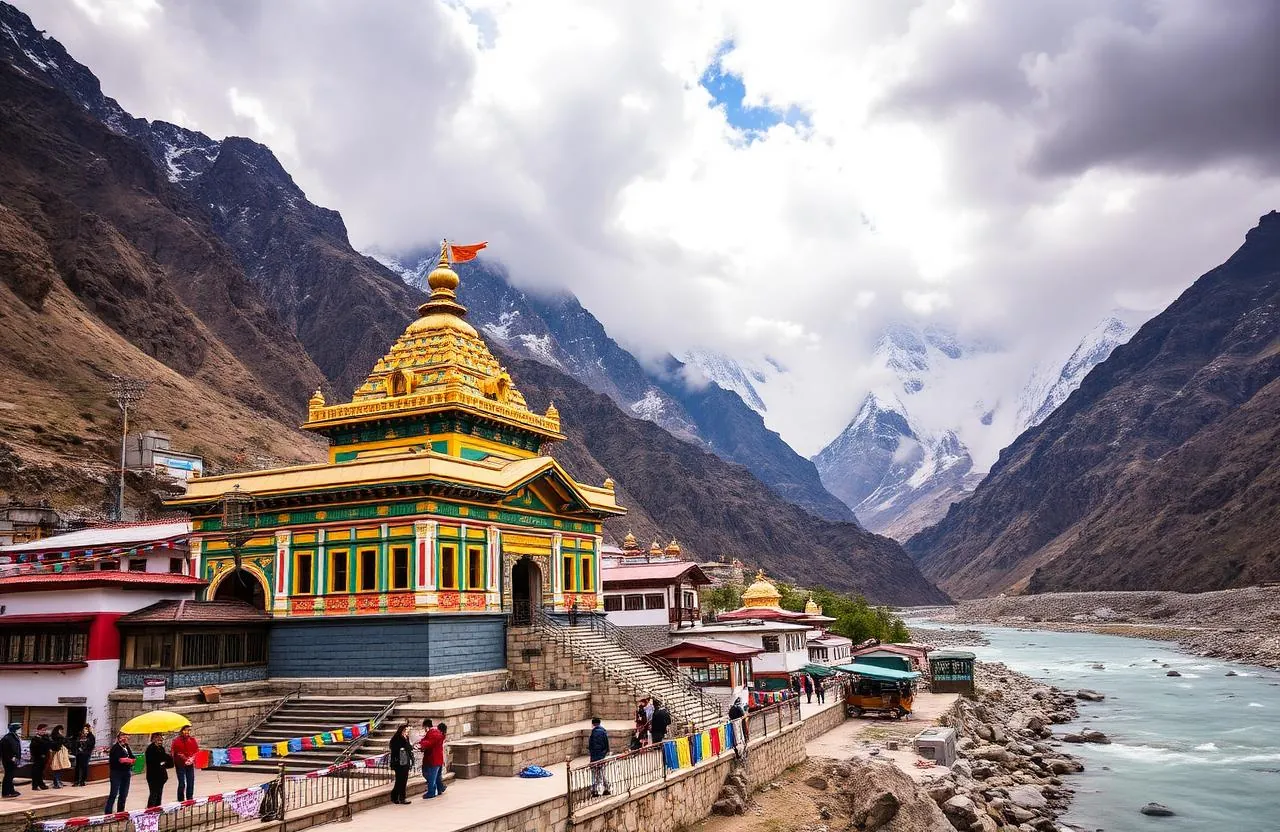 Badrinath temple colorful facade with Alaknanda river
