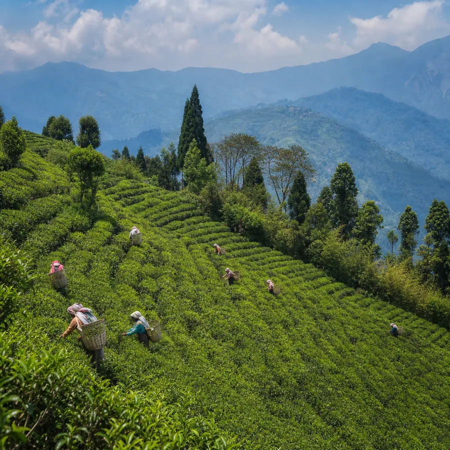 Vintage narrow-gauge toy train steaming through the Darjeeling hills