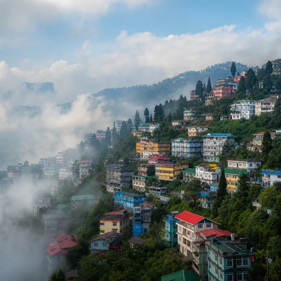 Terraced tea plantation rows in Darjeeling