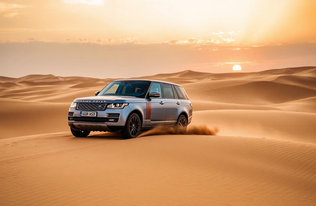 Dubai desert safari Range Rover dune bashing at sunset
