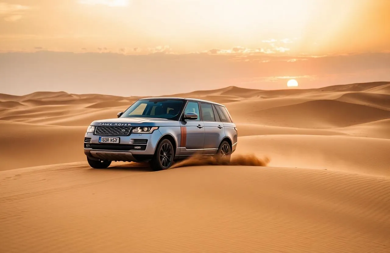 Dubai desert safari Range Rover dune bashing at sunset