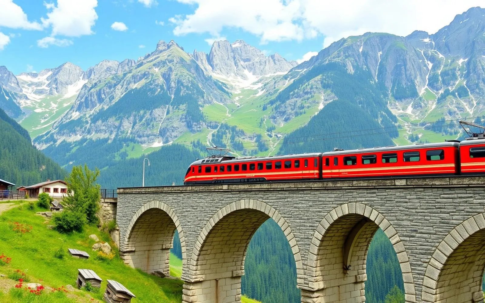 Alpine train crossing a stone viaduct in the European Alps