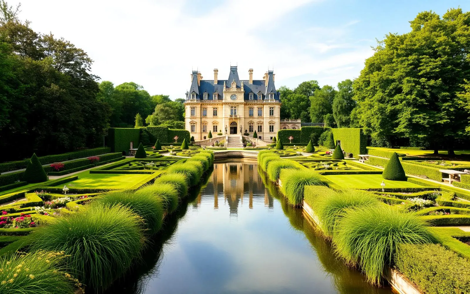 Loire valley chateau with formal gardens in morning light