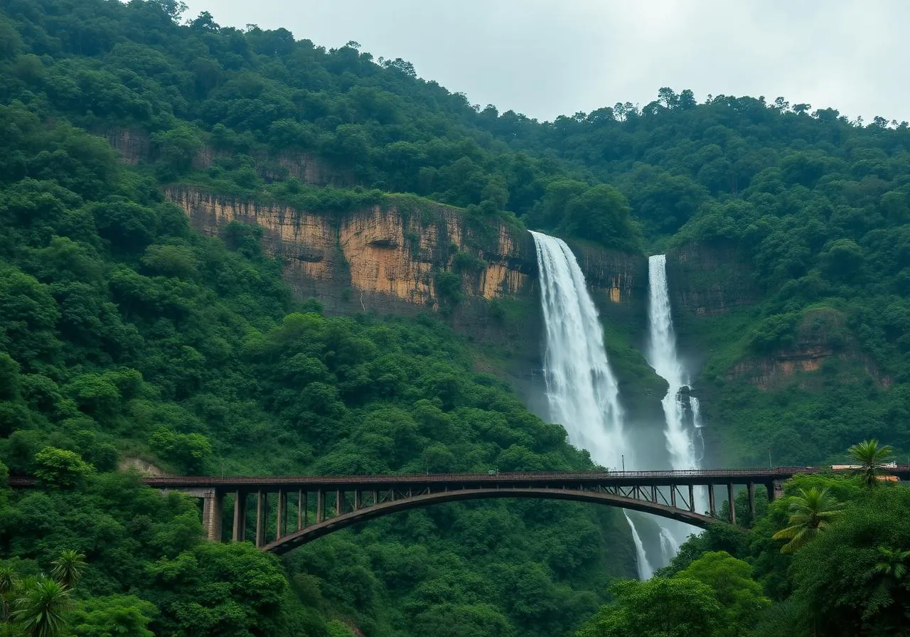Dudhsagar waterfalls Goa with railway bridge through jungle