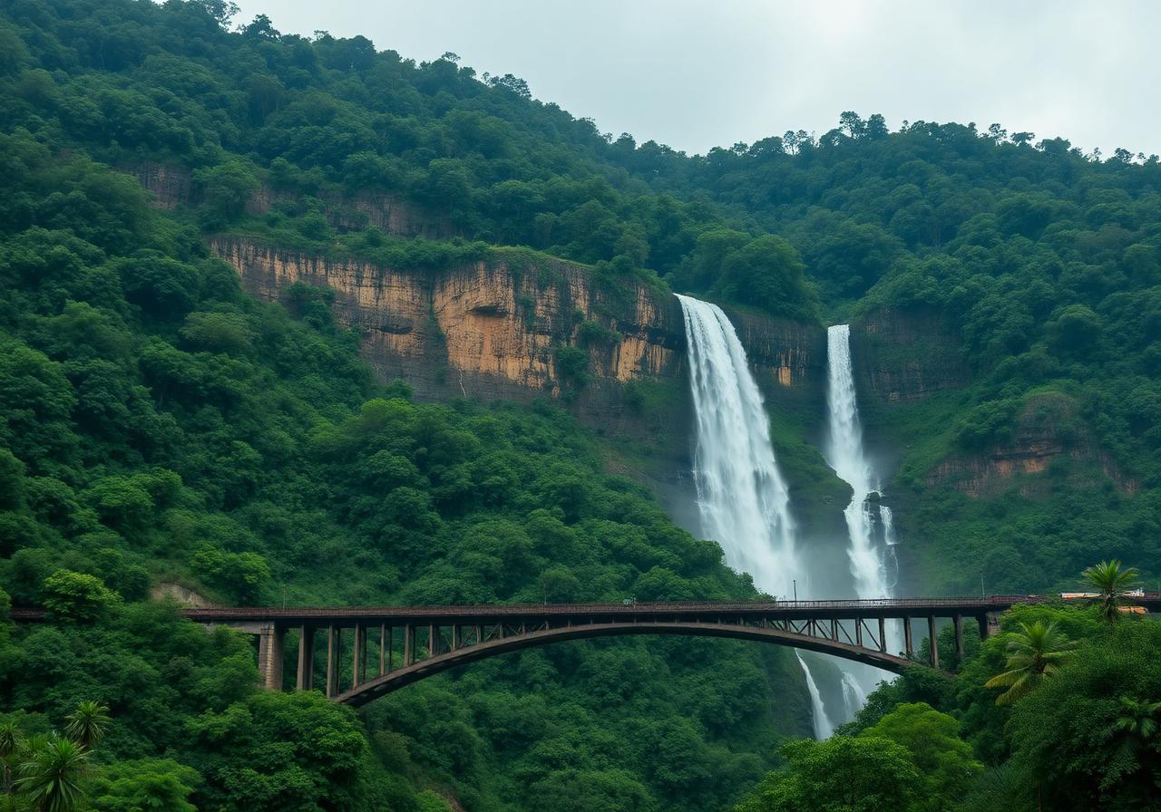 Dudhsagar waterfalls Goa with railway bridge through jungle