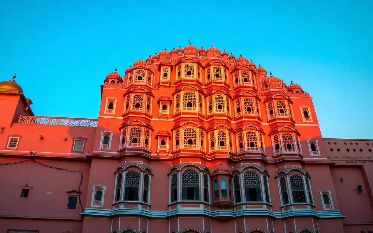 Hawa Mahal Jaipur Pink City facade at golden hour with intricate jharokha windows