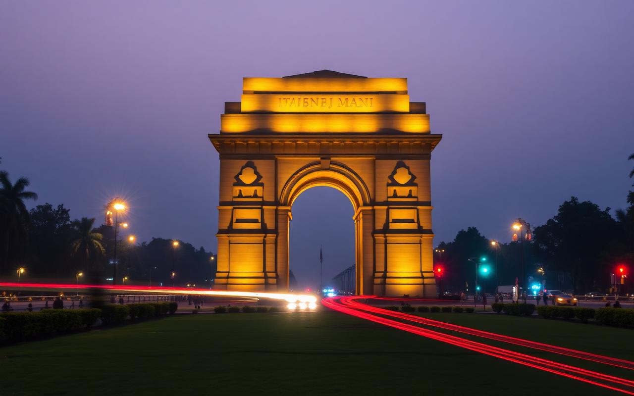 India Gate New Delhi at twilight with illuminated lawns and traffic light trails