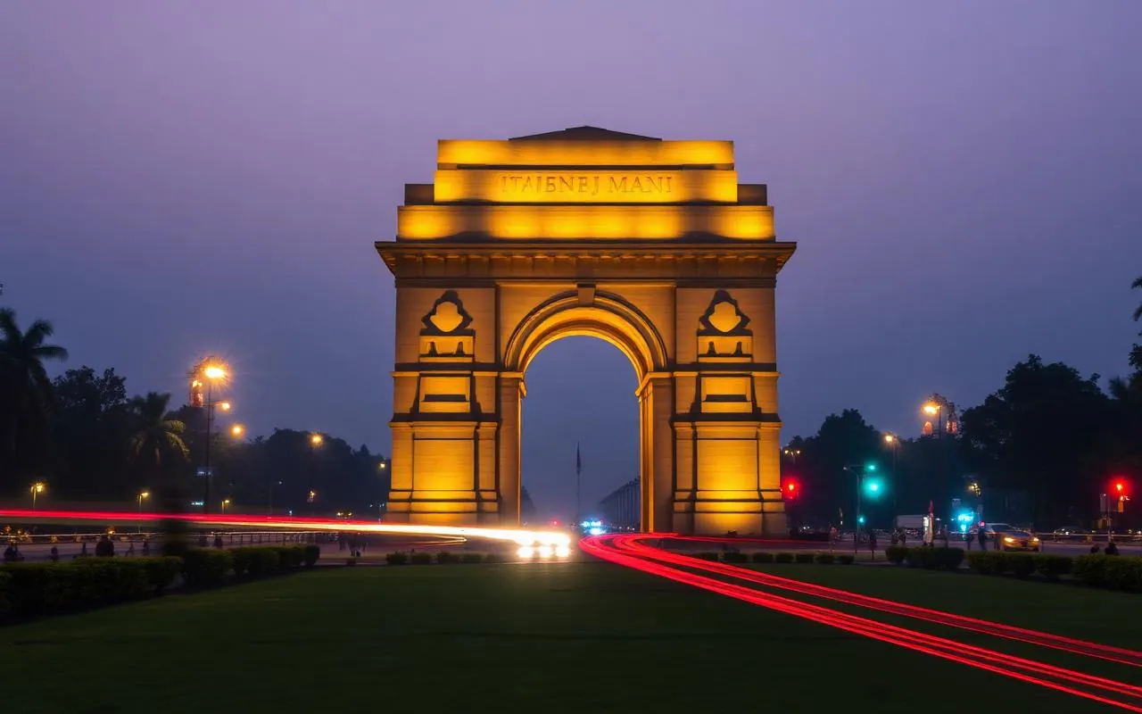India Gate New Delhi at twilight with illuminated lawns and traffic light trails
