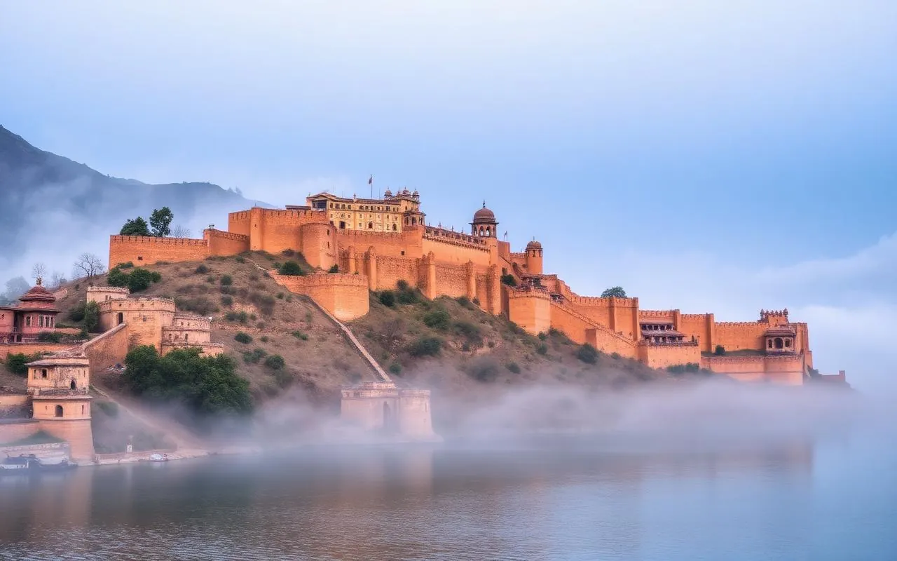 Amber Fort Jaipur with morning mist over Maota Lake