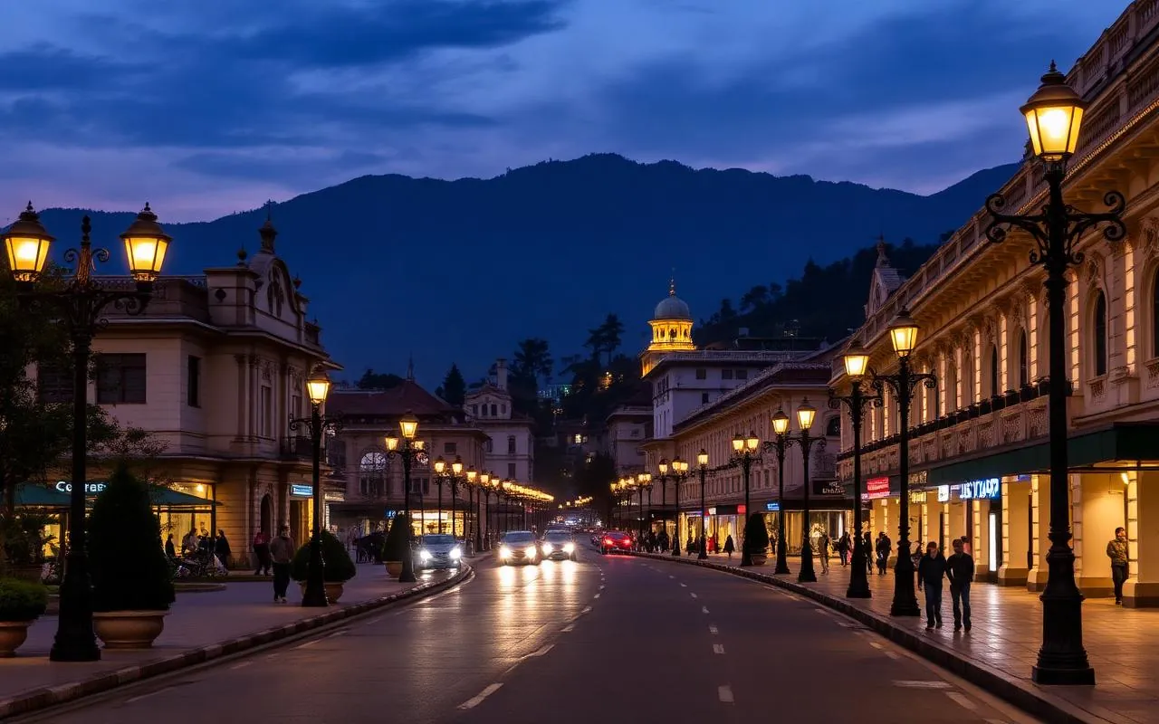 Shimla Mall Road Himachal at twilight with colonial buildings and lamp posts
