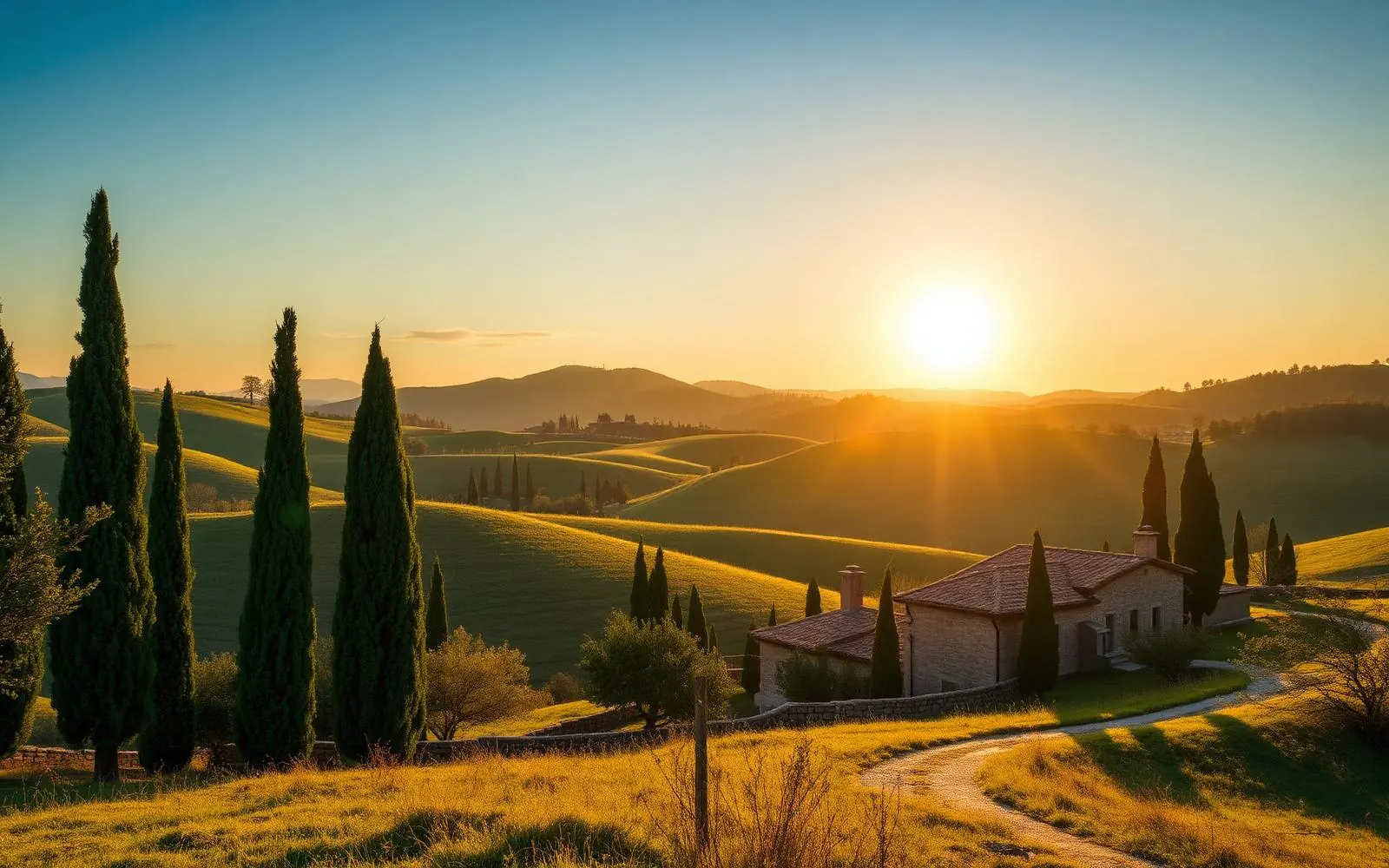 Tuscany rolling hills with cypress trees at sunrise