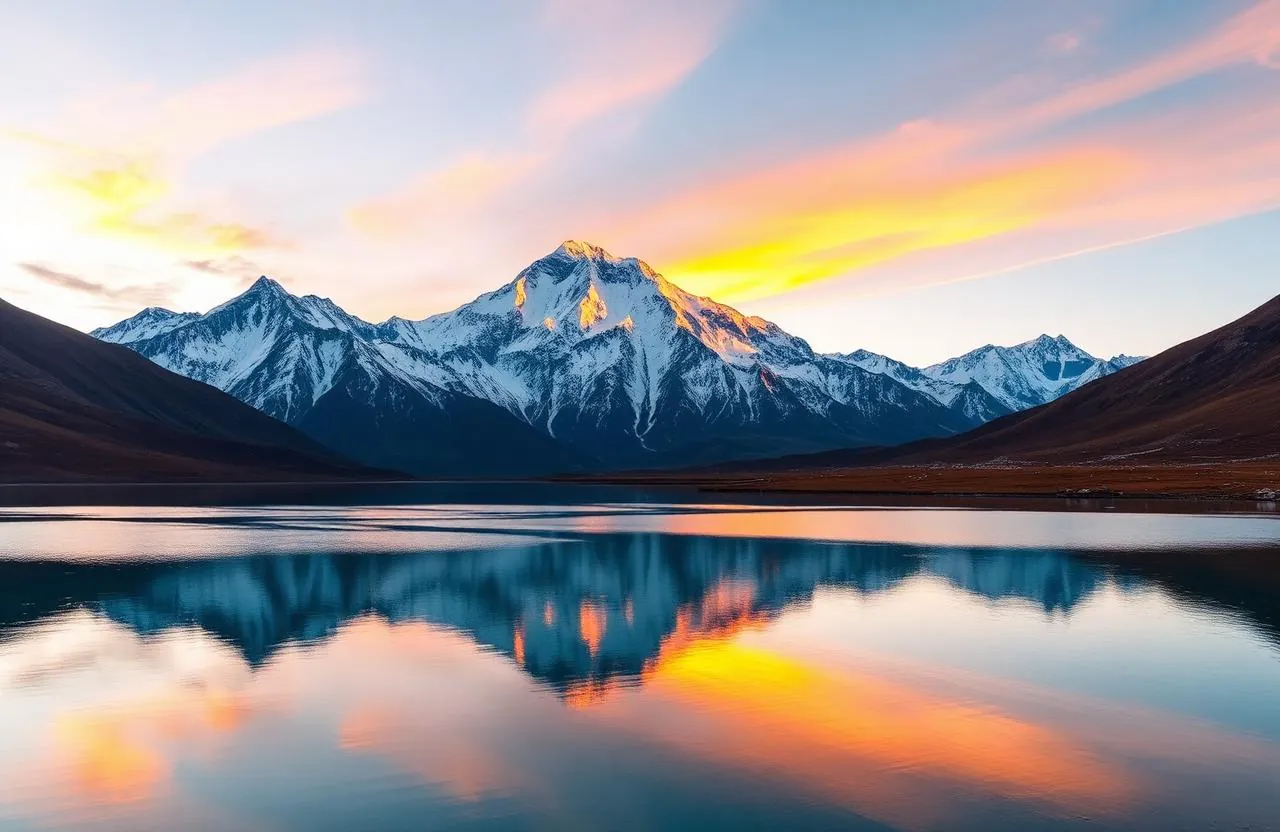 Mount Kailash reflecting on Lake Mansarovar at sunrise
