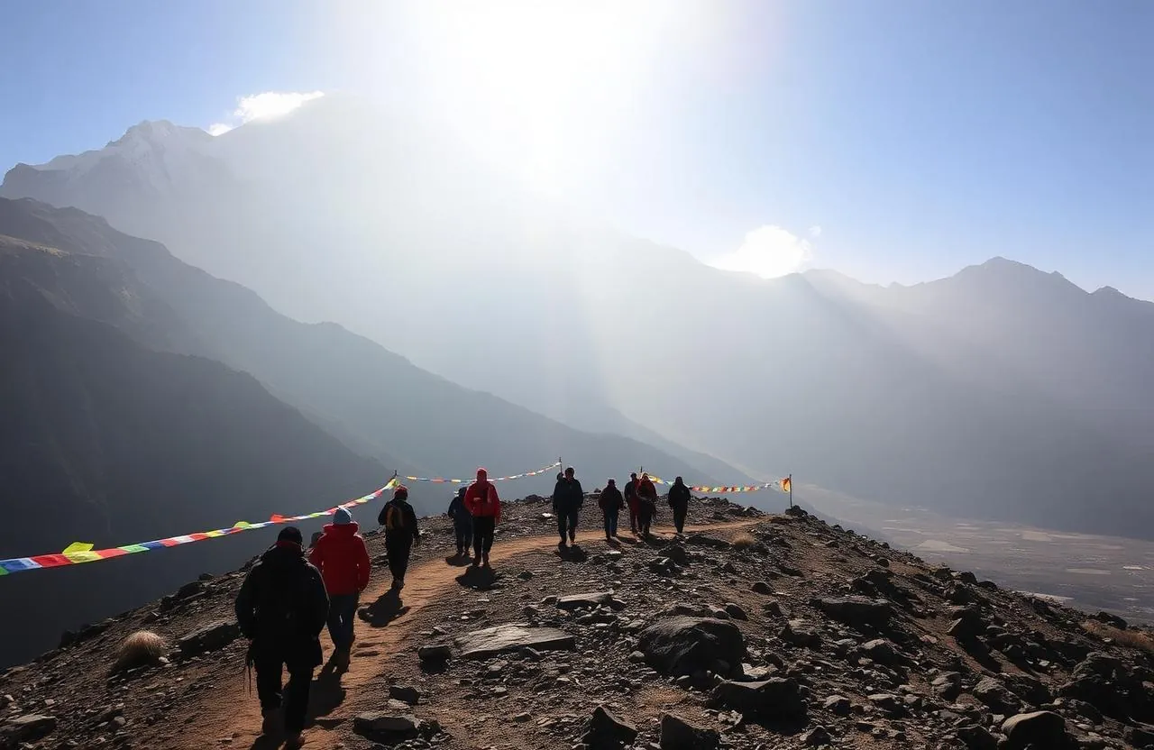 Pilgrims doing Kailash parikrama with prayer flags