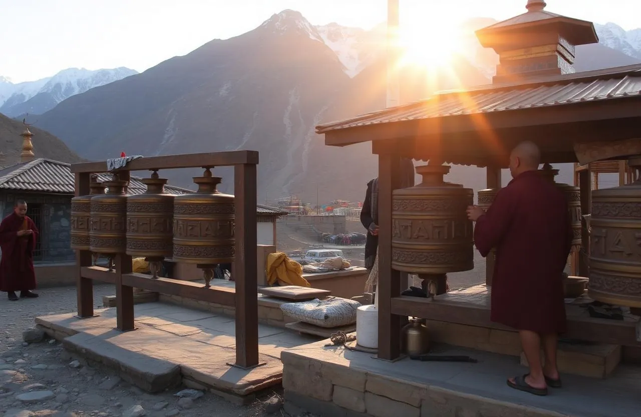 Tibetan monastery near Kailash with prayer wheels