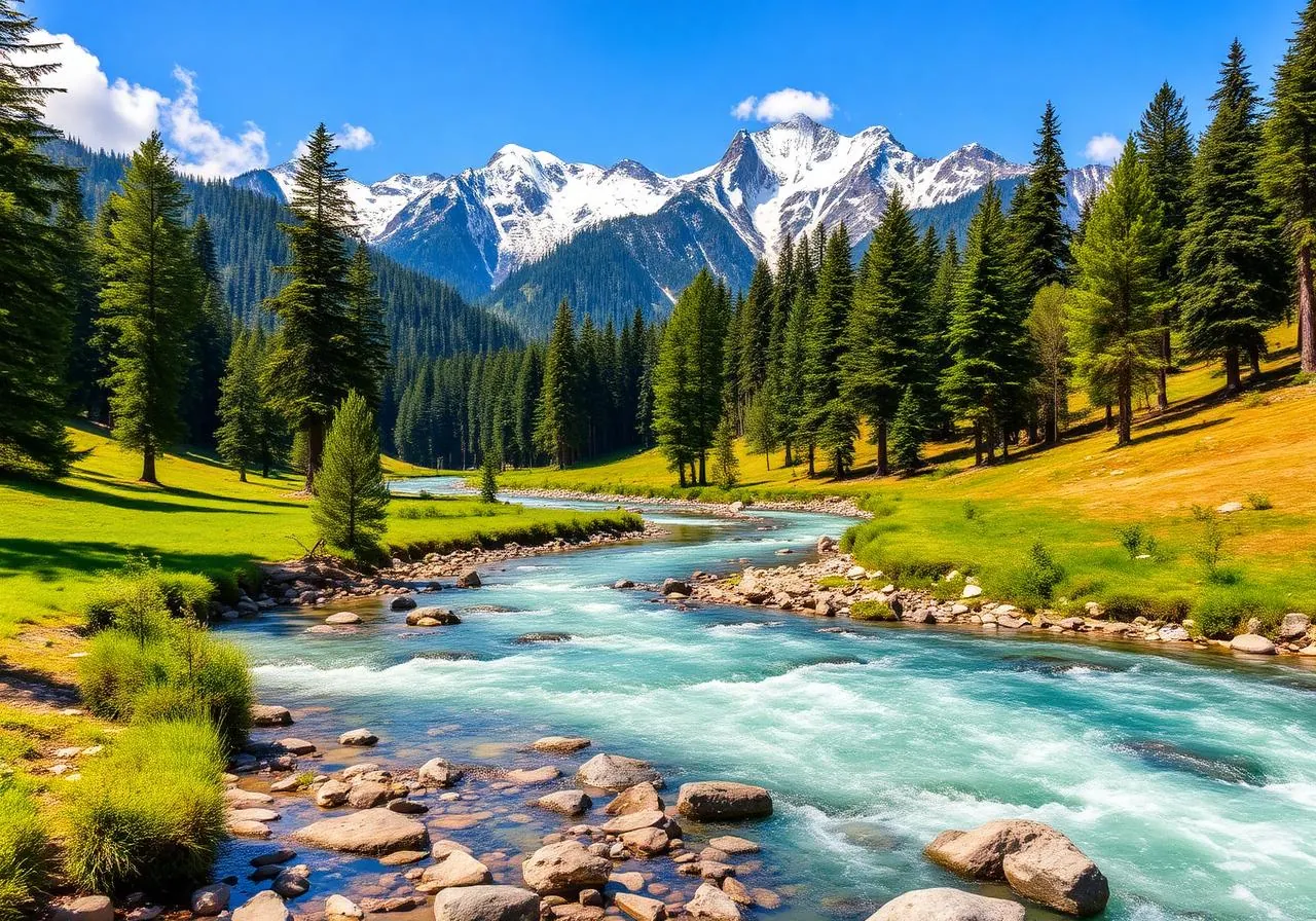 Pahalgam Kashmir Betaab Valley with river and snow capped peaks