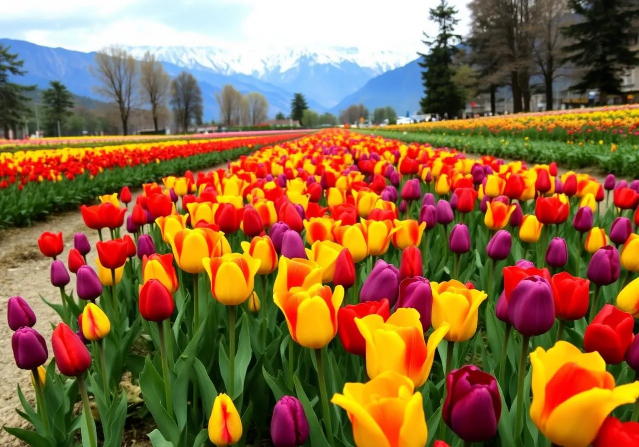 Tulip Garden Srinagar Kashmir in full bloom with mountains