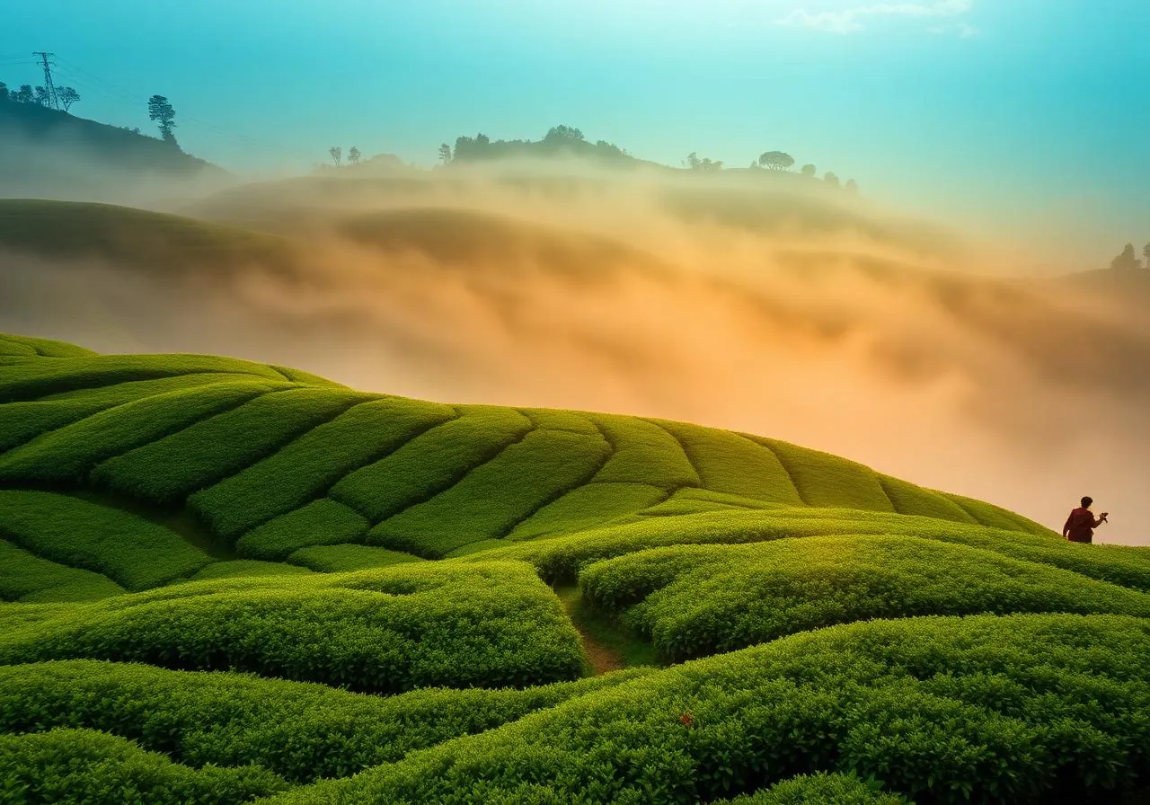 Misty rolling tea gardens of Munnar Kerala at sunrise
