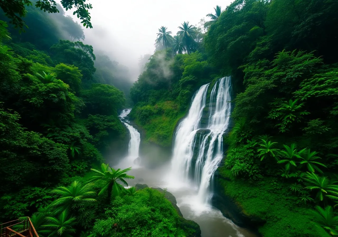 Athirappilly waterfalls cascading through Kerala's tropical rainforest