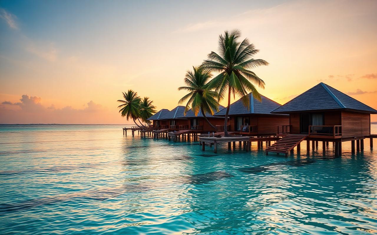 Overwater villas in Lakshadweep with crystal clear lagoon at golden hour