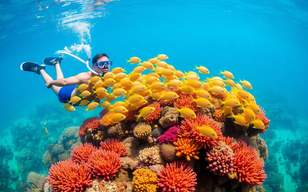 Snorkeler with school of colorful fish over coral garden in Lakshadweep