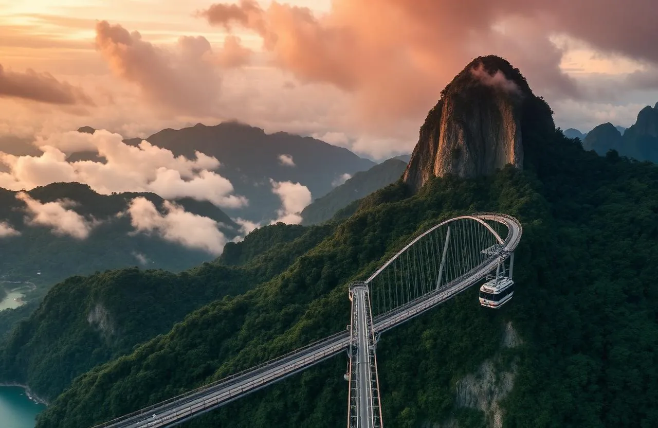 Langkawi sky bridge over rainforest mountains
