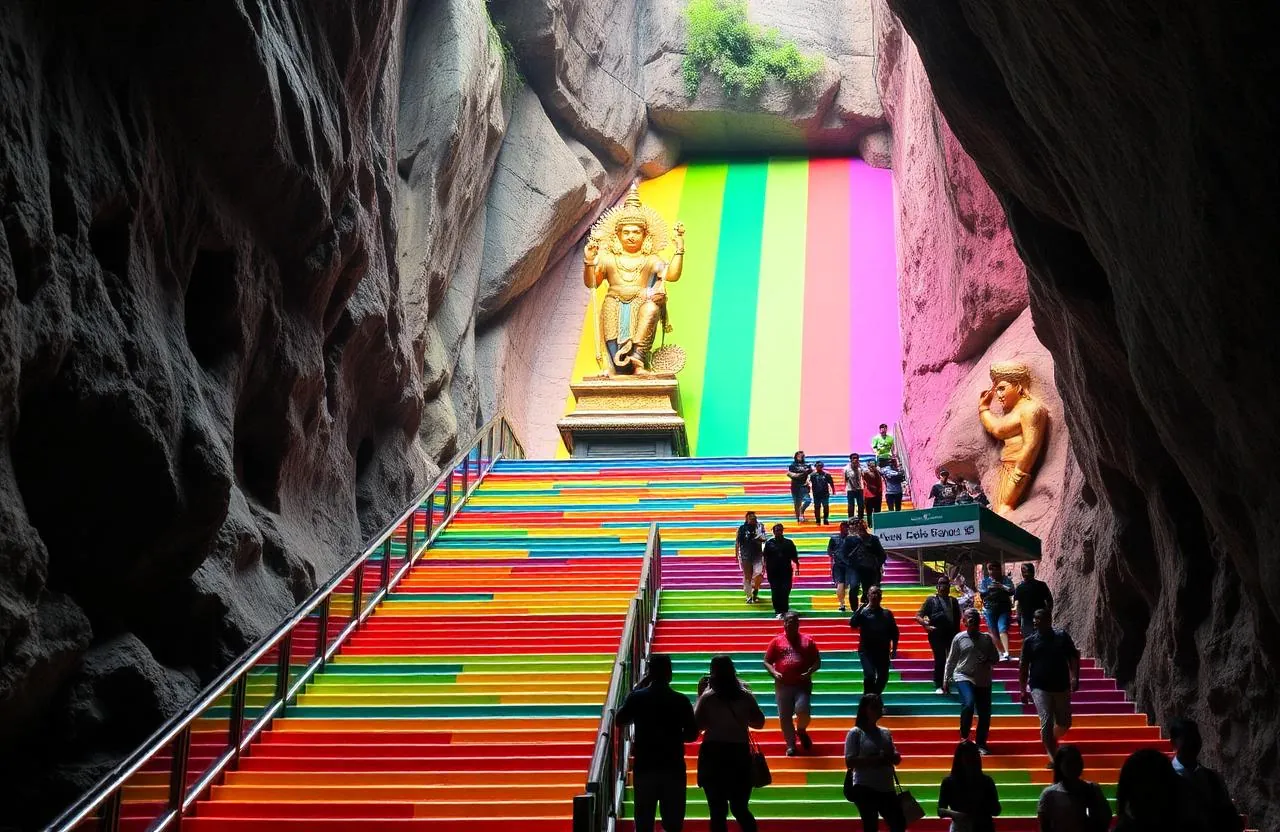 Batu Caves Malaysia rainbow staircase Murugan statue