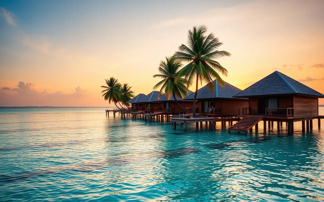 White sand beach with palm trees and clear turquoise water in the Maldives