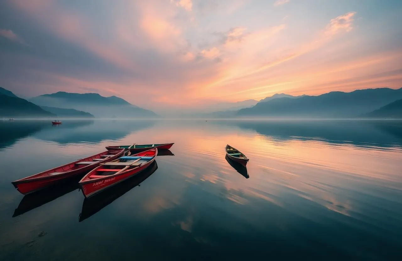 Phewa Lake Pokhara Nepal Annapurna reflection sunrise