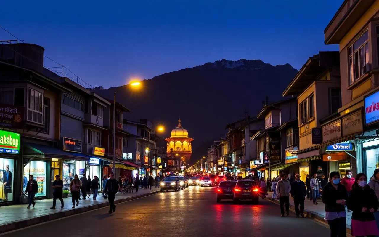 Gangtok MG Marg Sikkim at evening with lit pedestrian street and mountain backdrop