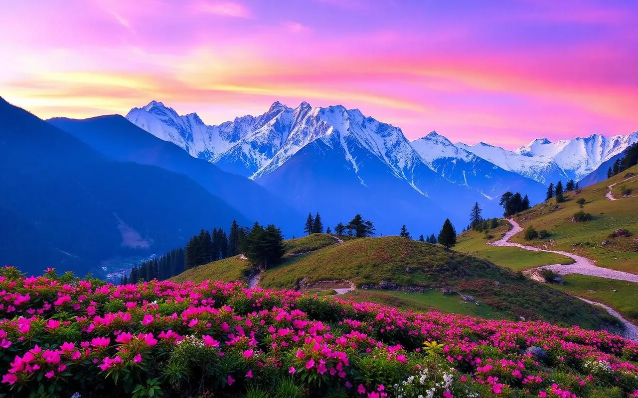 Yumthang Valley of Flowers Sikkim with wild rhododendrons and snow peaks
