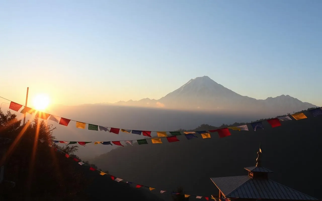 Pelling Sikkim view of Kanchenjunga snow peak at sunrise with prayer flags