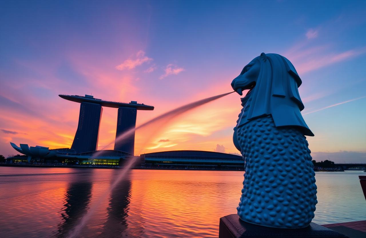 Singapore Merlion statue with Marina Bay Sands sunset