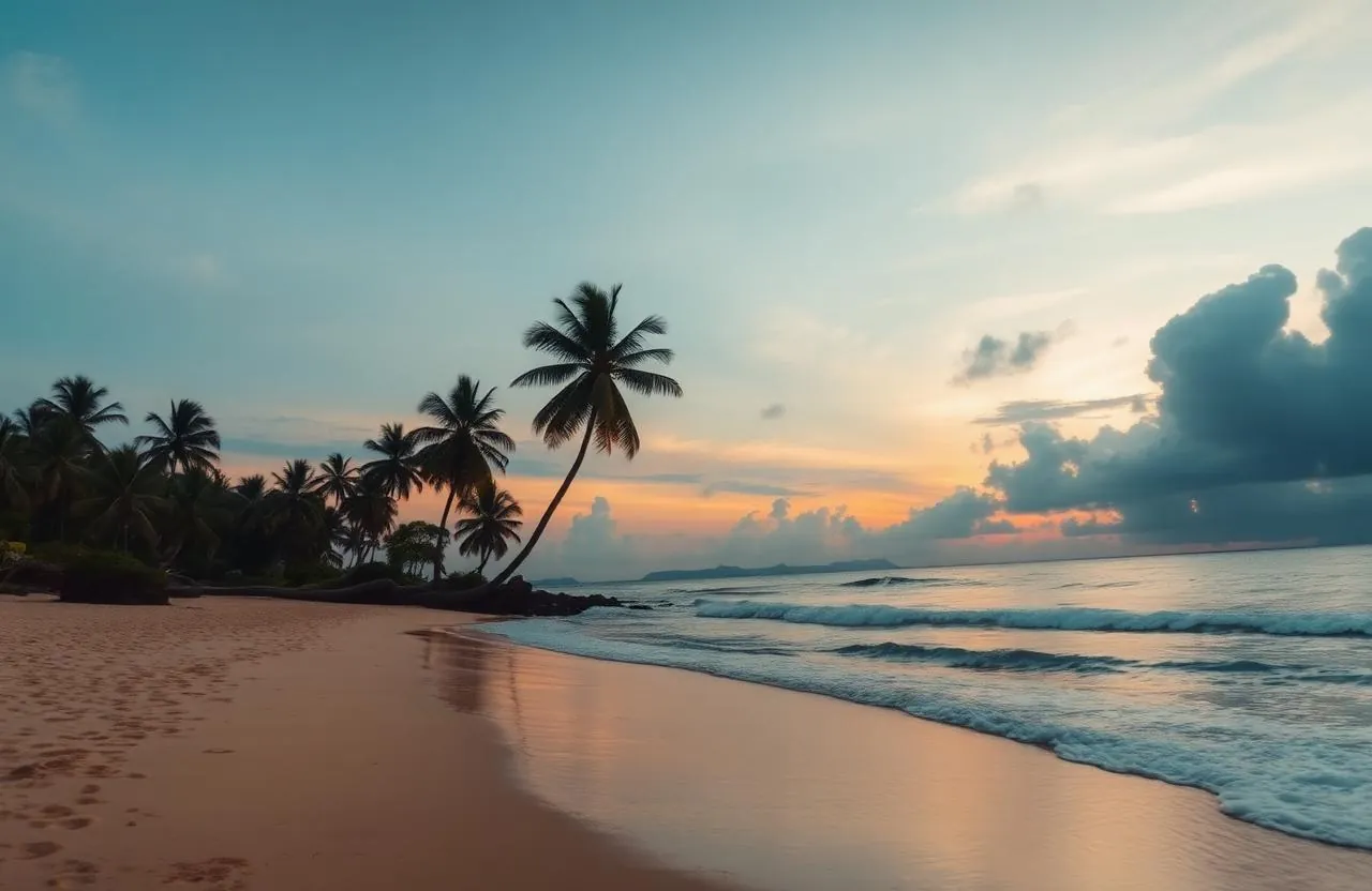 Bentota beach Sri Lanka palm trees sunset