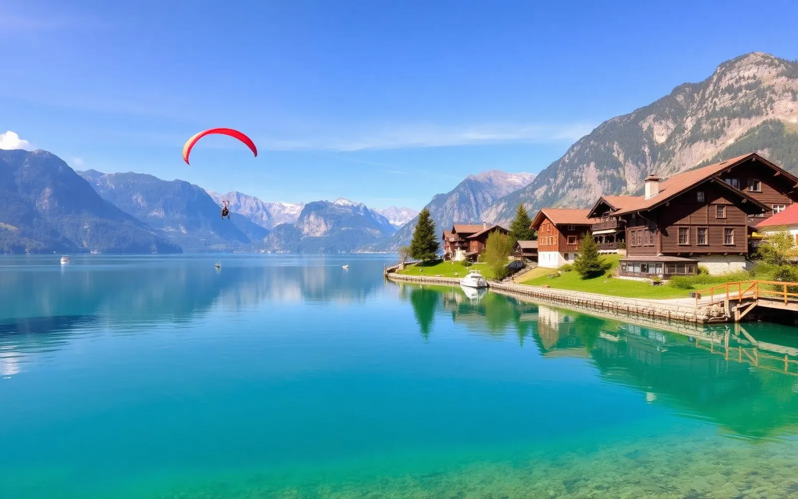 Interlaken green valley with a turquoise lake and snow mountains