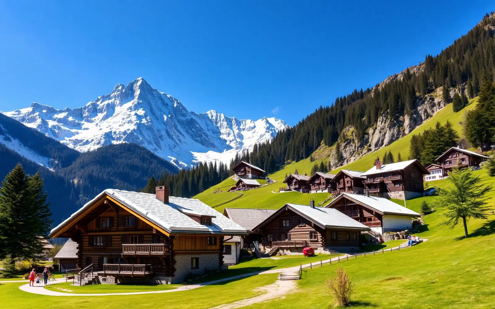 Swiss wooden chalet with flower boxes in an alpine meadow