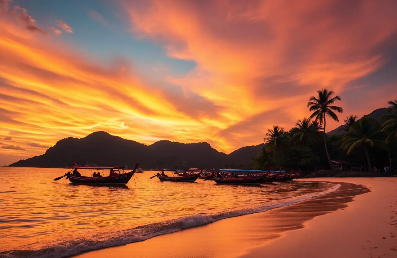 Phuket Patong beach sunset with longtail boats