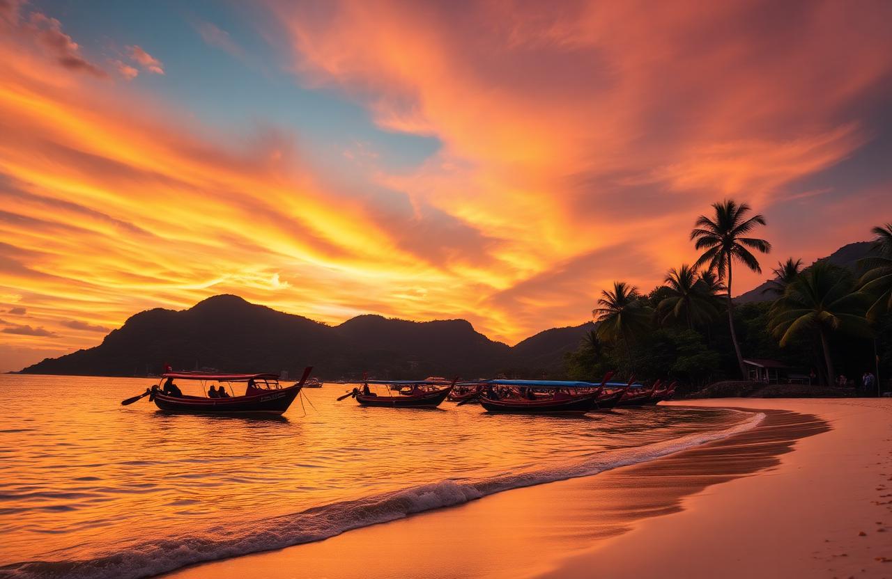 Phuket Patong beach sunset with longtail boats