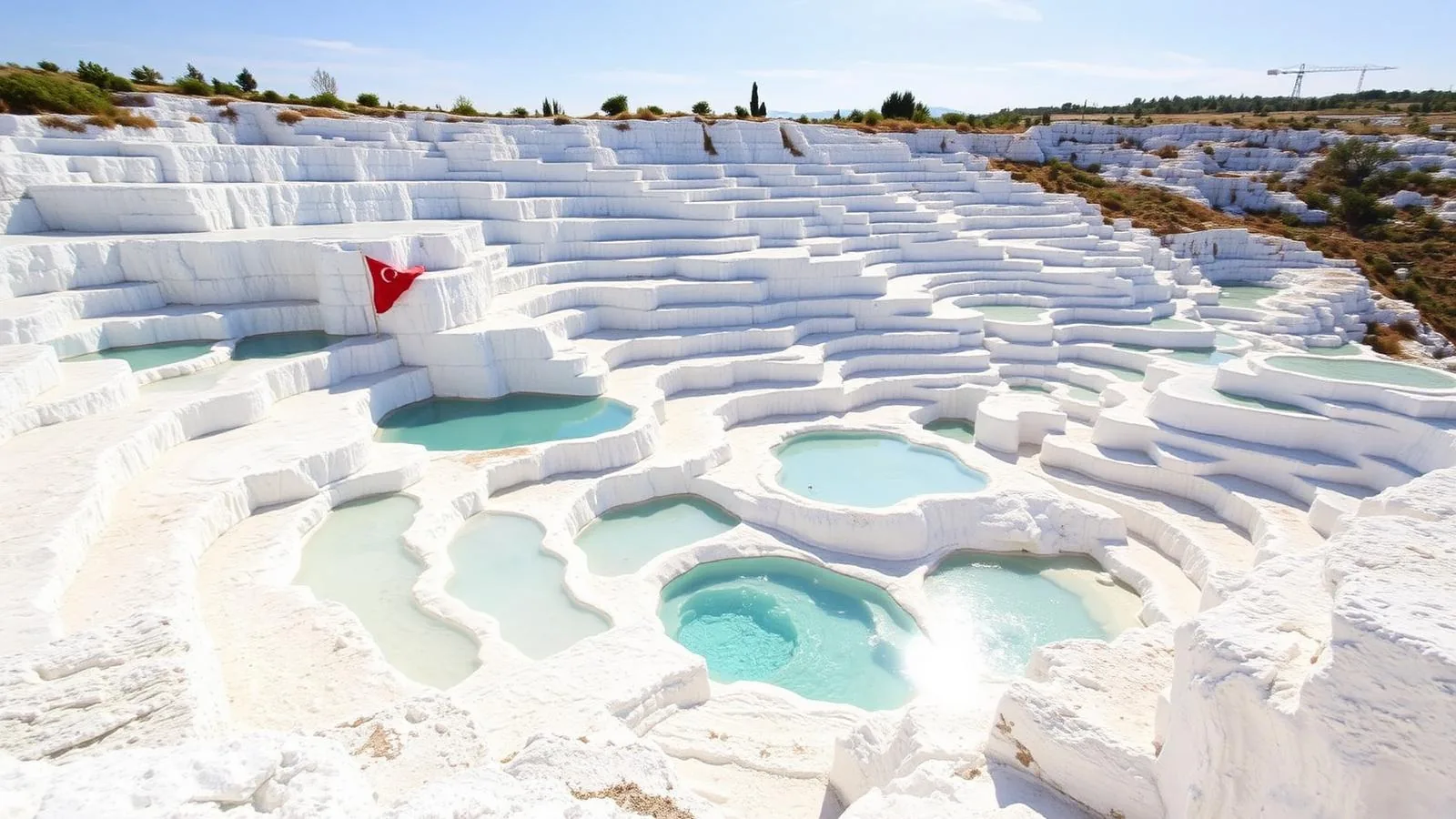 White travertine terraces with turquoise pools at Pamukkale Turkey