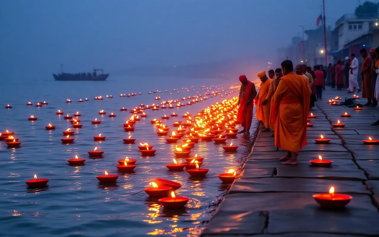 Rishikesh Ganga Aarti at Triveni Ghat Uttarakhand with floating diyas