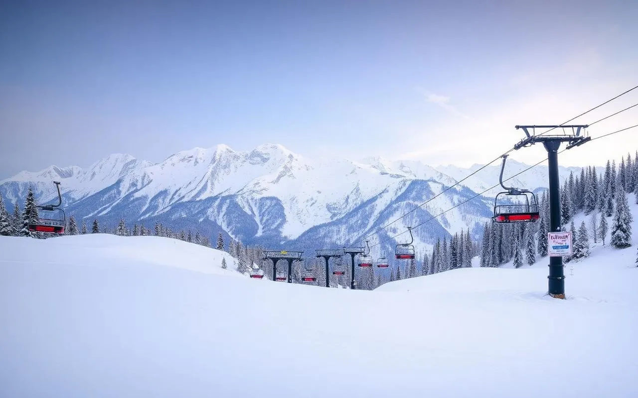 Auli ski slopes Uttarakhand with snow-covered Himalayan peaks and chairlift